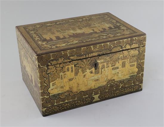 A Chinese export gilt-decorated black lacquer tea caddy, 19th century, W. 28cm